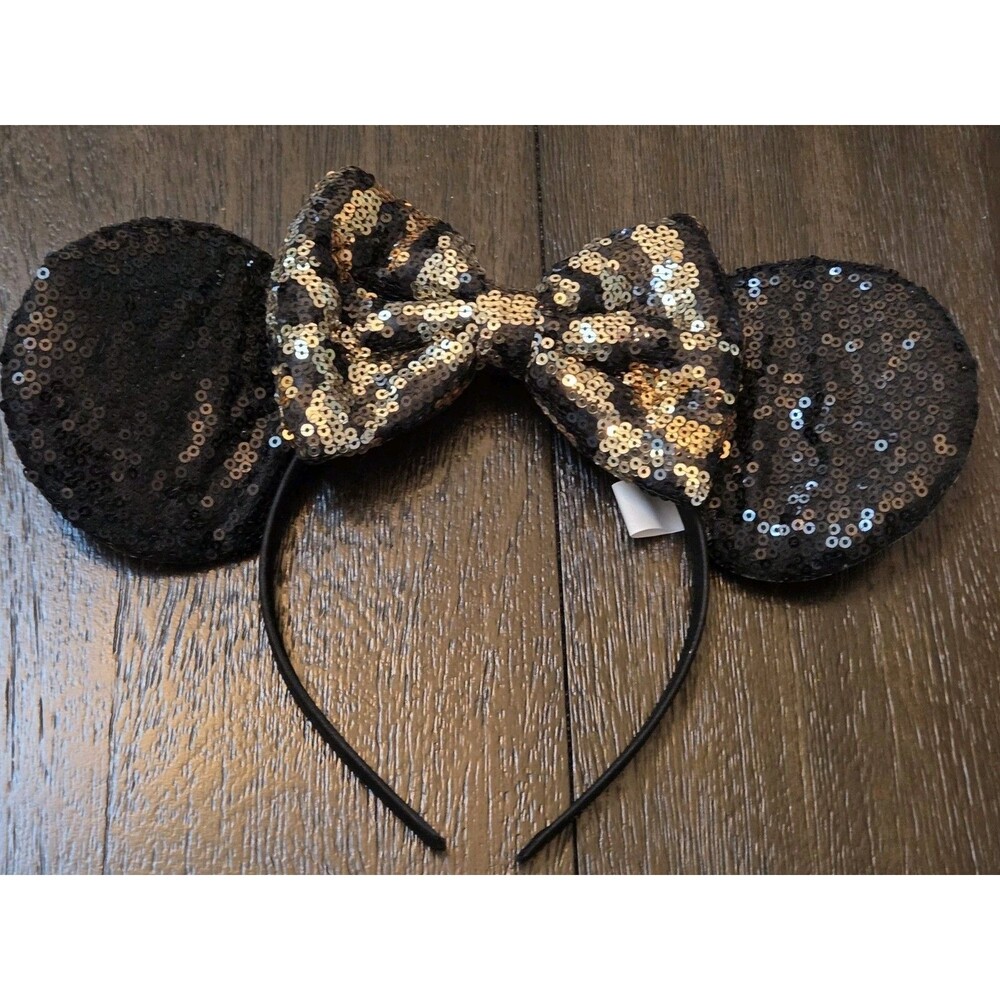 Disney Minnie Mouse Ears Headband Animal Print Gold Black Sequins Bow One Size